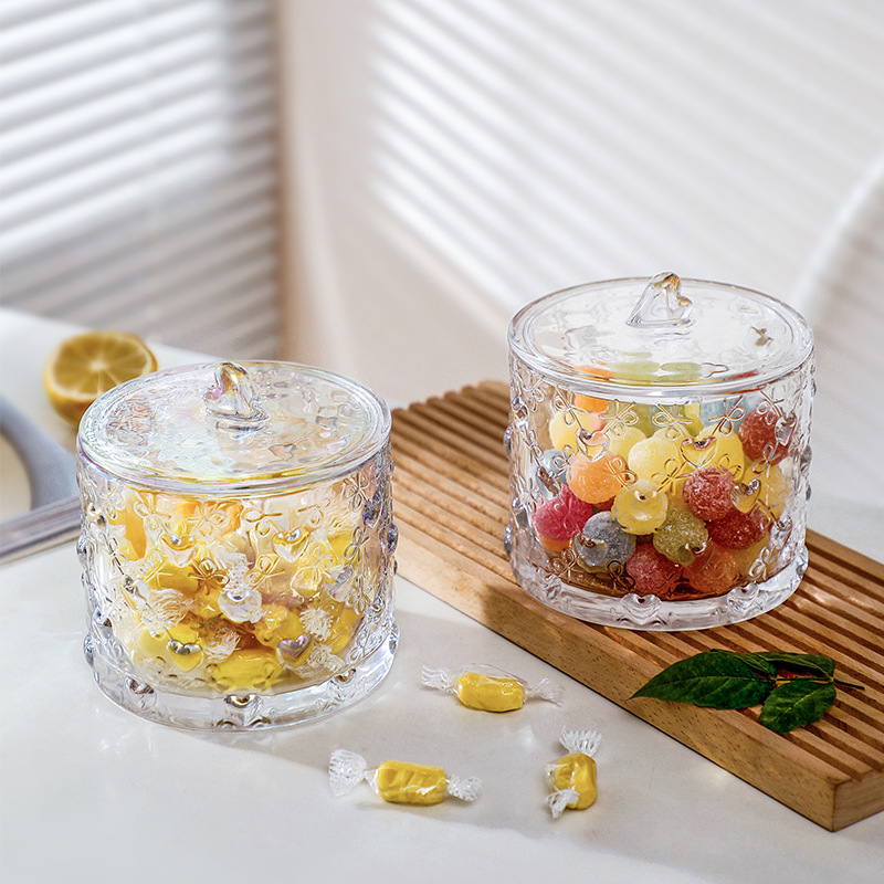 Embossed heart-shaped glass storage jar with lid 24