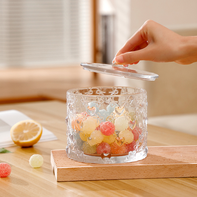 Embossed heart-shaped glass storage jar with lid 24