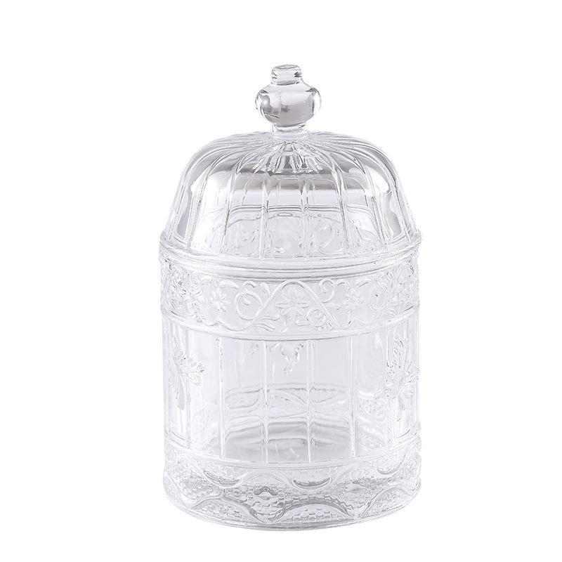 European-style vintage embossed glass storage jar with lid 19 01