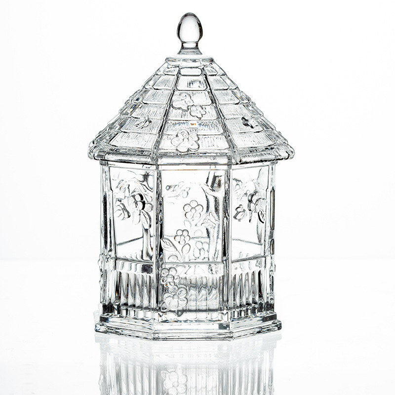 Vintage embossed glass storage jar with lid 18 01