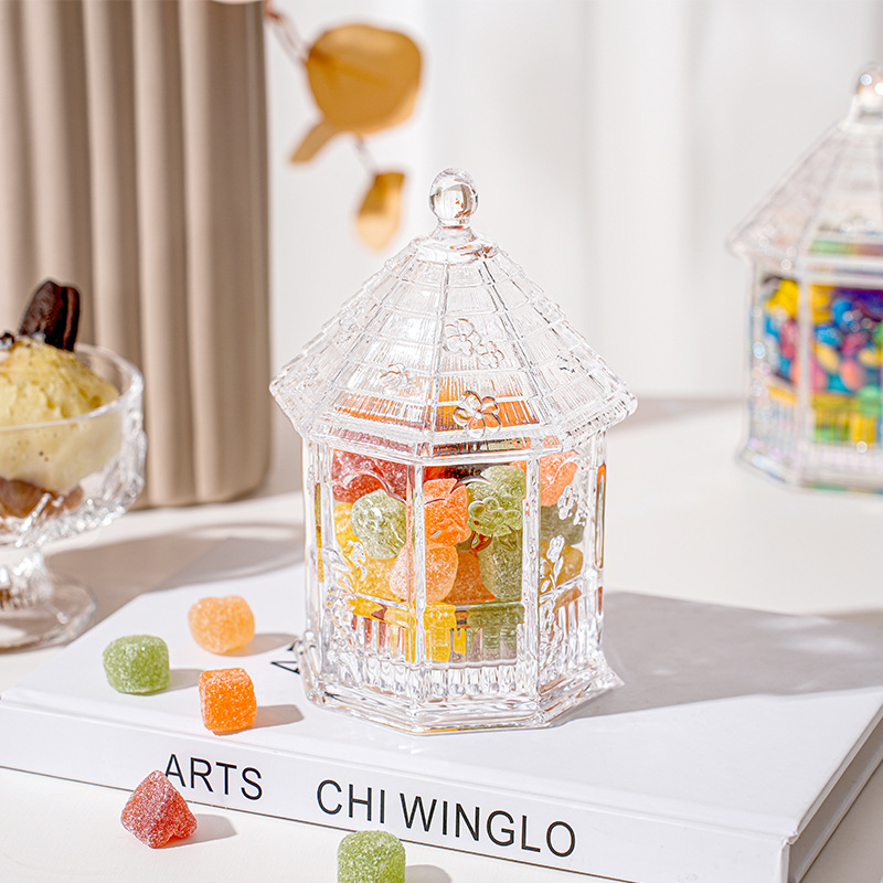 Vintage embossed glass storage jar with lid 18 02