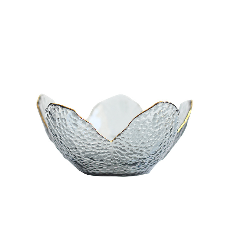 A gray salad bowl with a gold rim and petal-shaped design  42 01