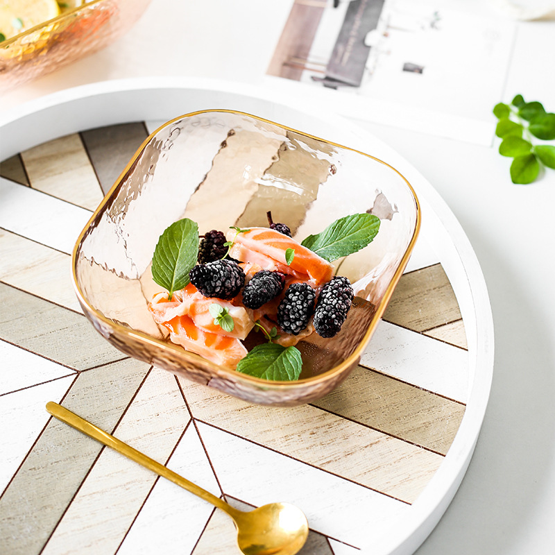 Japanese-style hammered glass salad bowl with gold rim 36 02