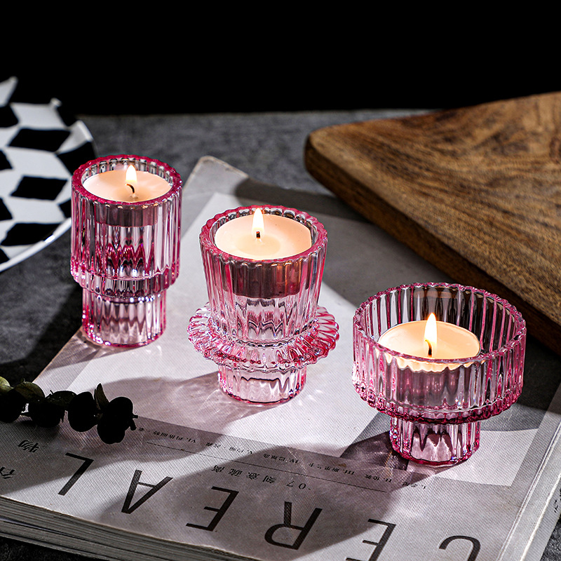 Pink striped reversible glass candle holder 47